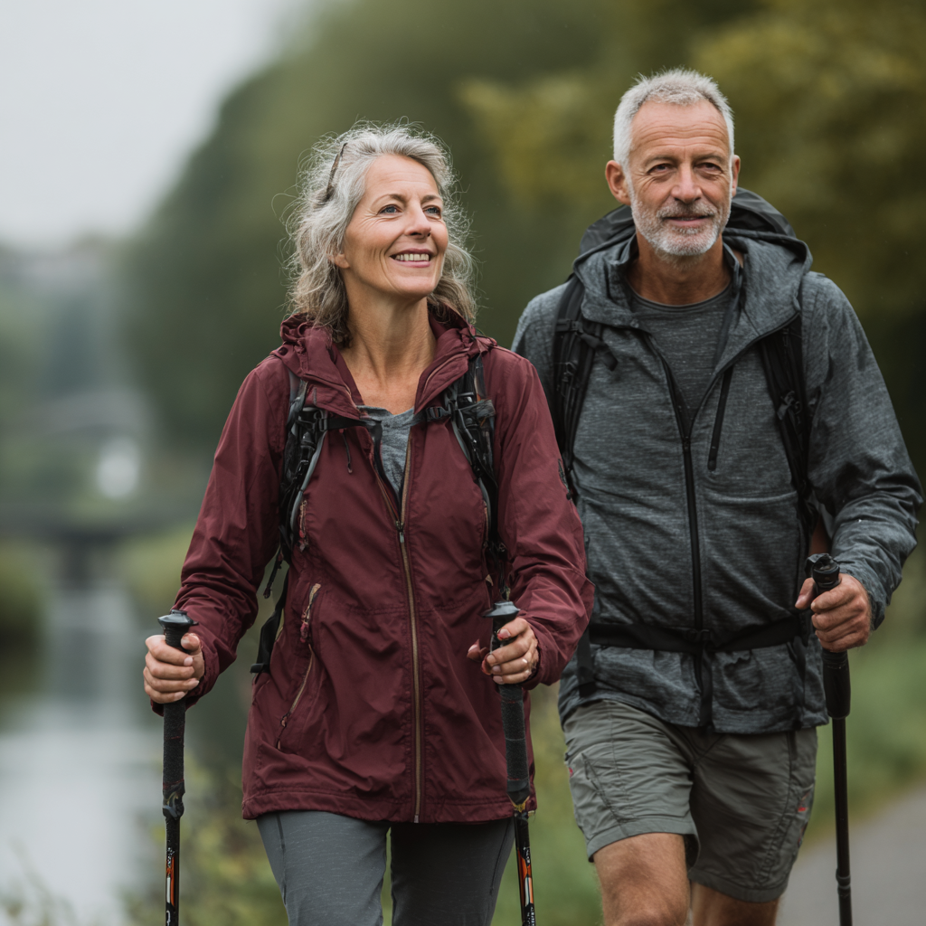Grup de seniori făcând exerciții de fitness în aer liber, zâmbind și simțindu-se energici